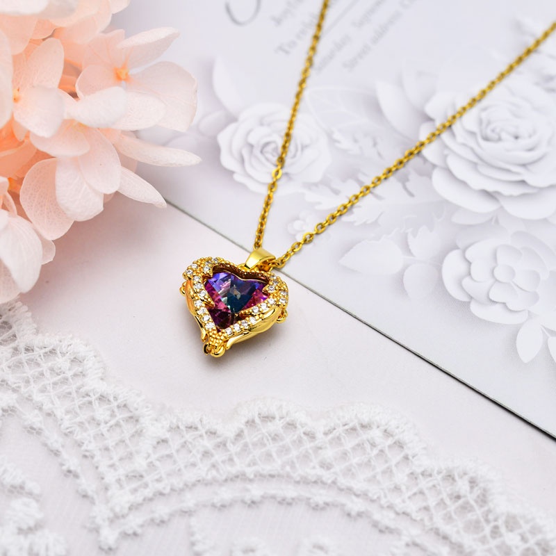 XiaoboACC Kalung Rantai Lapis Emas 14k Liontin Hati Hias Kristal Gaya Korea Untuk Wanita