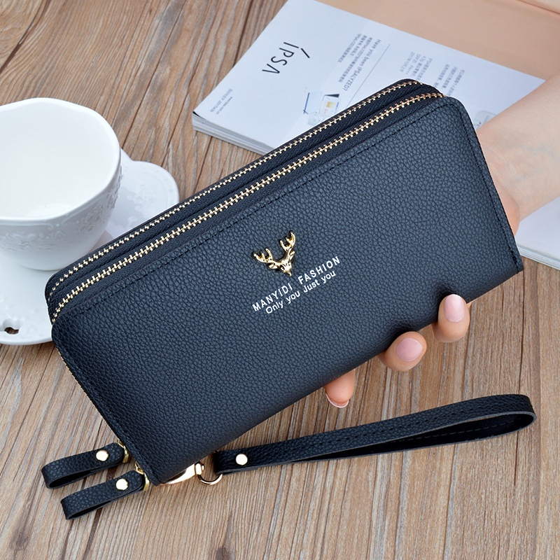 DOMPET PANJANG WANITA 2 RESLETING PREMIUM KULIT HITAM LIEBEN PESTA IMPORT KOREA MUAT HP SLOT KARTU UANG KEKINIAN TALI REMAJA WA370B5 BRANDED PENDEK MURAH BATAM