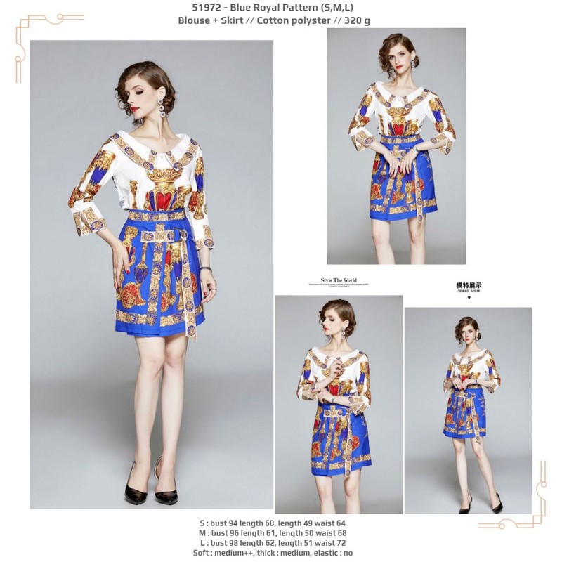 51972 Blue Royal Pattern Blouse Skirt / Setelan Blouse Rok Pesta Putih Biru