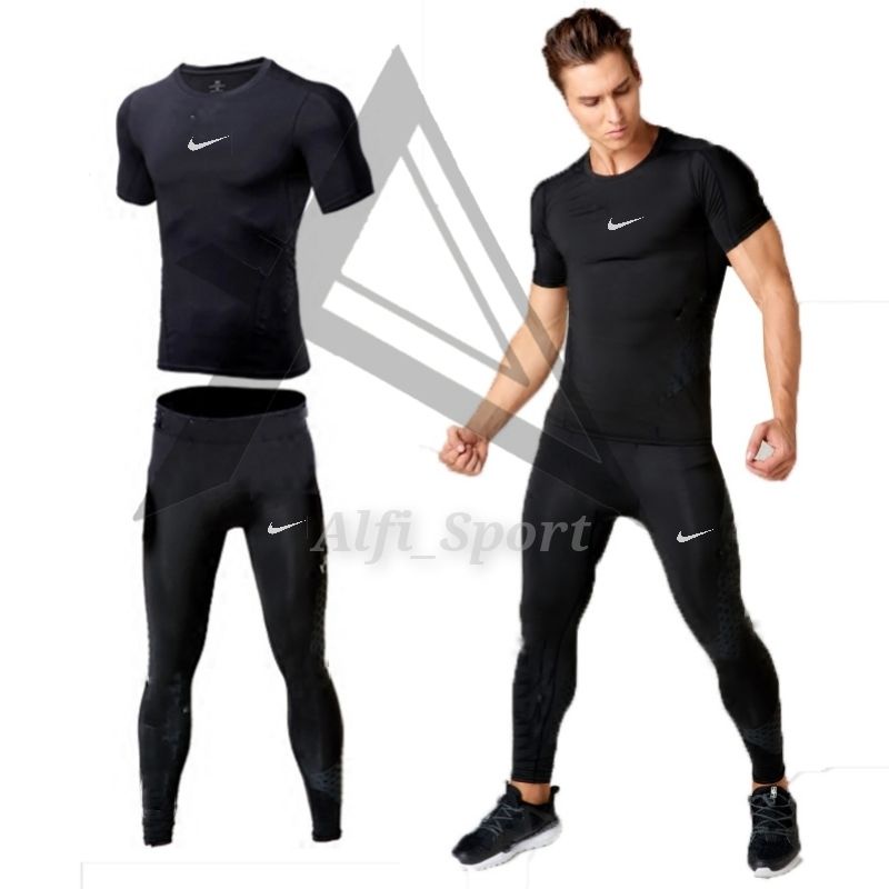 Set baju kaos Olahraga Pria Manset Baselayer Kaos olahraga Pria Baju Manset Pendek Celana Joging Cel