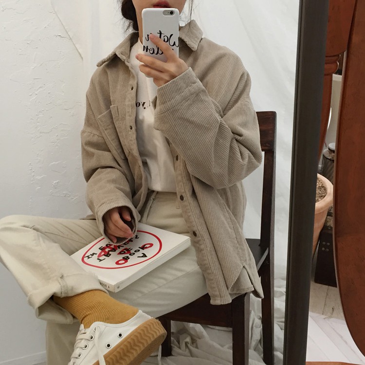 [COD&amp;READY STOK]Kemeja Corduroy Lengan Panjang Wanita/Atasan Wanita Oversize Kasual/Pakaian Wanita Korea Style/Corduroy Shirt