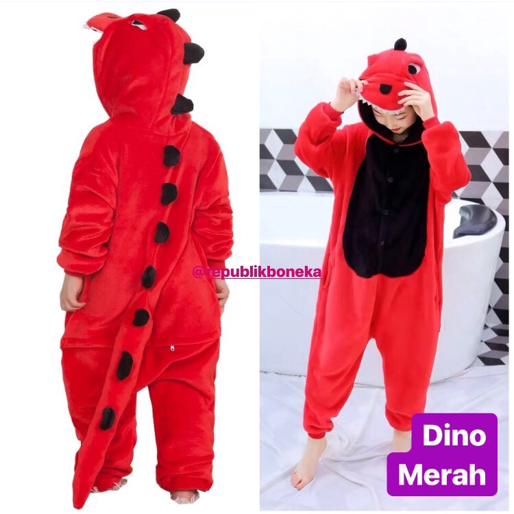 BONEKA KOSTUM ONESIE DINOSAURUS DINO MERAH PIYAMA COSPLAY