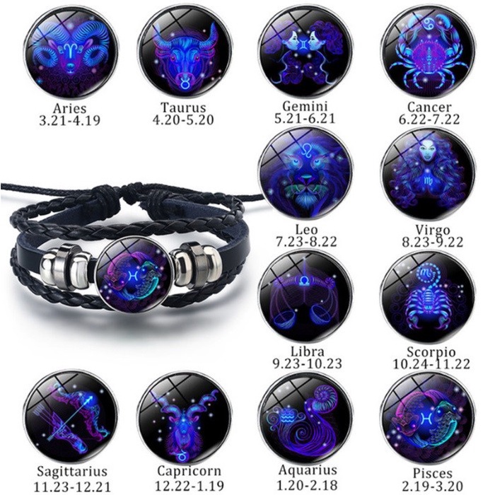 Gelang Kulit Asli Zodiak Luminous Astronomi Vintage Trendy Leather