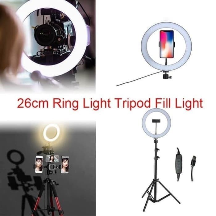 Tripod Ring Light LED 26cm + Tripod 2.1m Paket Ringlight Stand Holder 2m Make Up Beauty Vloger 26 CM