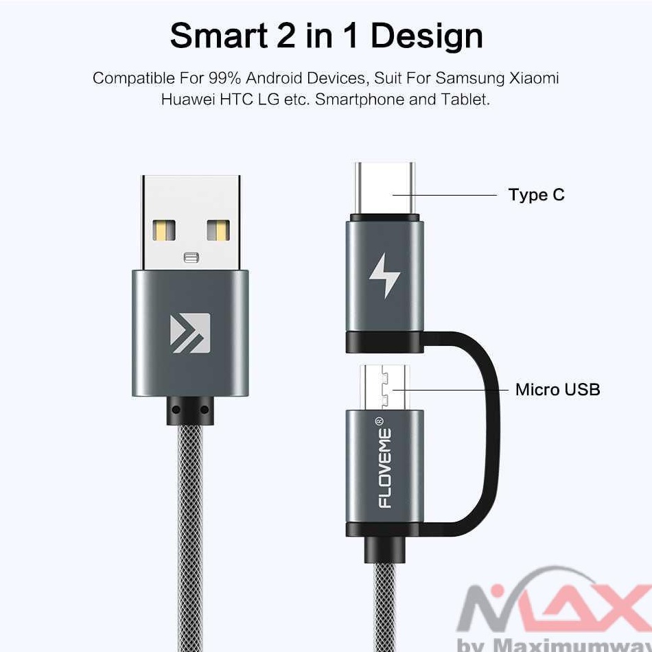 Floveme Kabel Charger 2 in 1 Micro USB + USB Type C QC3.0 2.8A 100cm 1 meter cable data kecepatan tinggi FLOVEME 2 in 1 QC 3.0 Micro USB Type C Cable Fast Charging Type-C Charger USB-C Cables For Samsung S8 Note 8 S7 Phone USB Cable