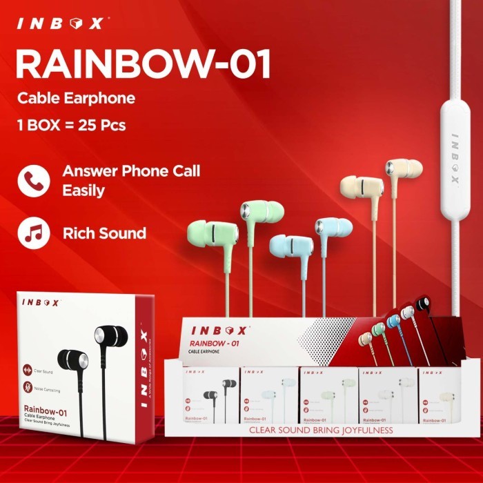 Headset Bass INBOX Rainbow Earphone Bass Wired Earphone Mega Bass HD Headset Handsfree