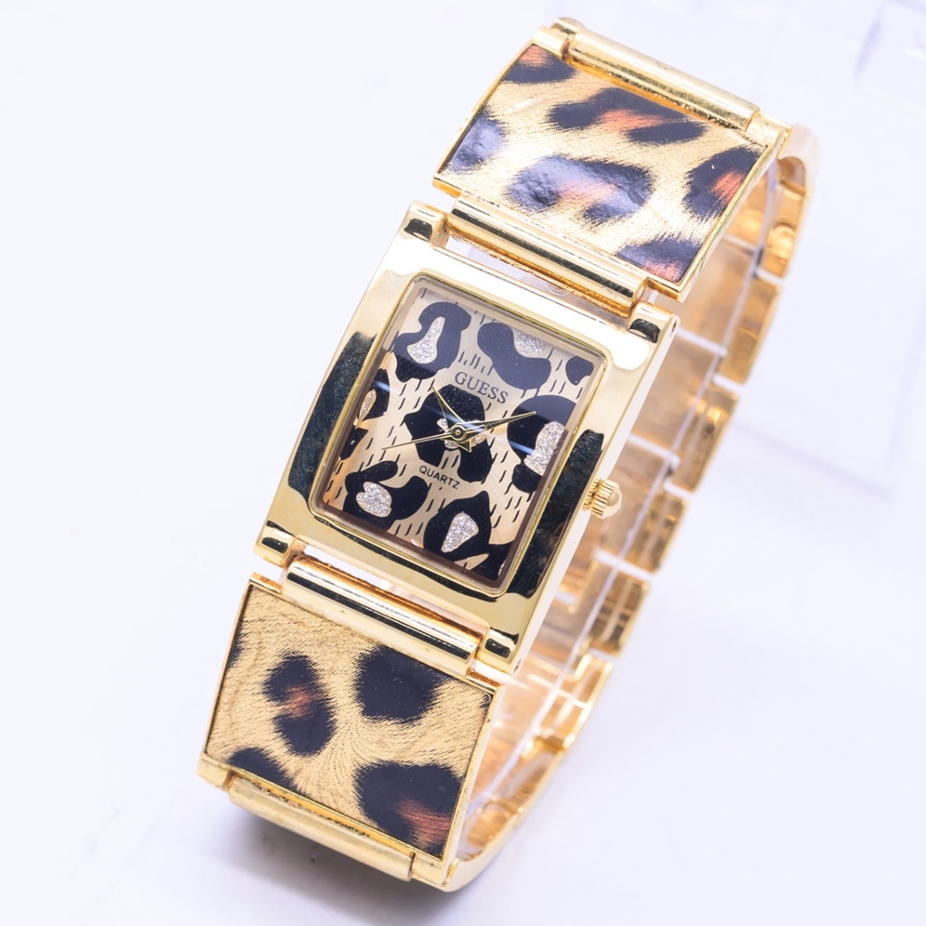 BEST SELLER JAM TANGAN WANITA GUESS R50 TALI RANTAI MOTIF LEOPARD DM 3.5CM FREE BOX || JAM TANGAN WANITA FASHION WANITA GUESS GC