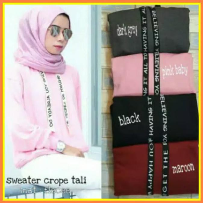 NEW KOREAN IMPORT Sweater Crop Tali Tulis Wanita Cewek Motif Baju Korea