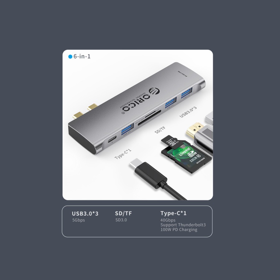 Type c thunderbolt 3 orico to usb 3.0 sd Tf card reader Pd Usb-c 100w 40Gbps converter 6in1 2ct 6ts