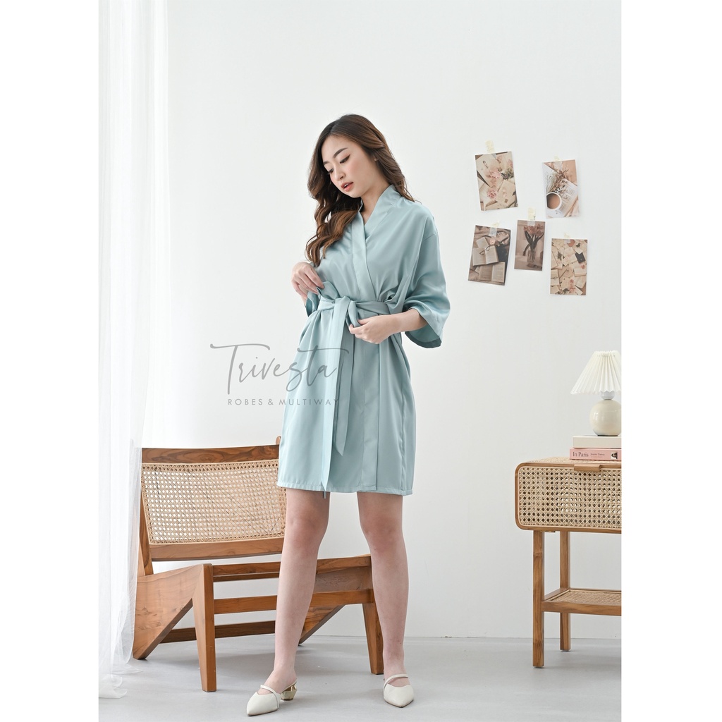 Trivesta Robes - Basic Robe Dusty Green - Kimono Robe Bridesmaid Satin + Free Bordir (Tulisan Bebas Bisa Nama)