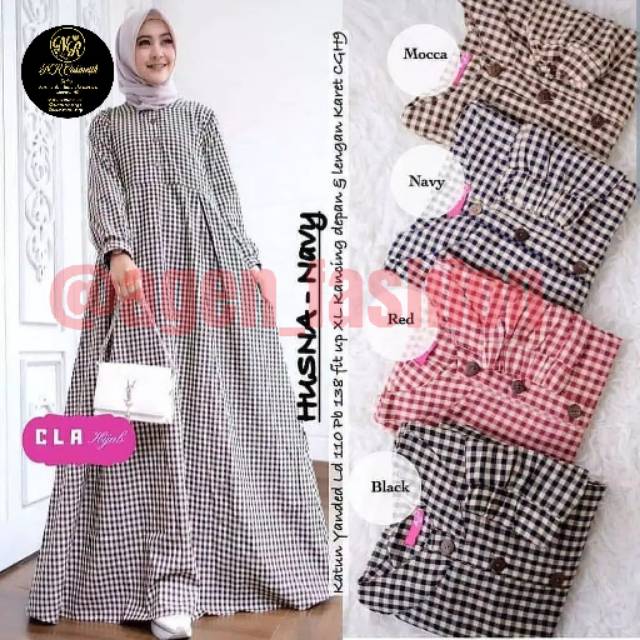 HUSNA MAXY DRESS/GAMIS SYAR'I/BAJU MUSLIMAH WANITA/MOTIF KOTAK KOTAK-AGEN FASHION