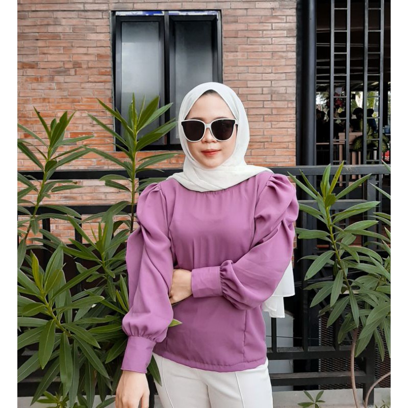 ALEEYA ATASAN BLOUSE MODEL BAJU TANGAN BALON WARNA LILAC TUA  KEKINIAN TERMURAH TERBARU ALA KOREA