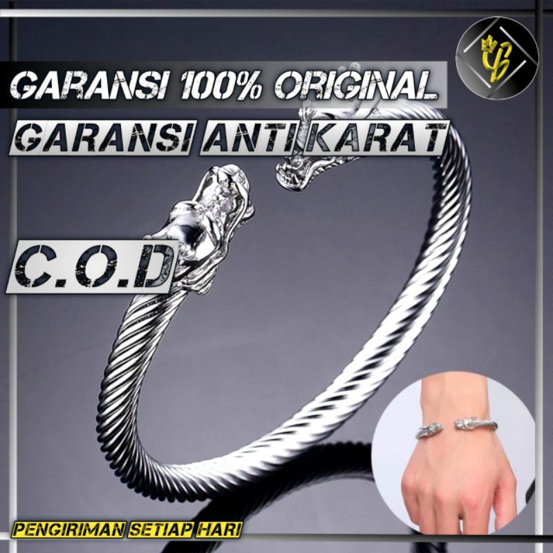 TERLARIS Gelang Titanium Pria Anti Karat Emas Putih Silver Perak Asli Keren k cewek Laki Laki Naga