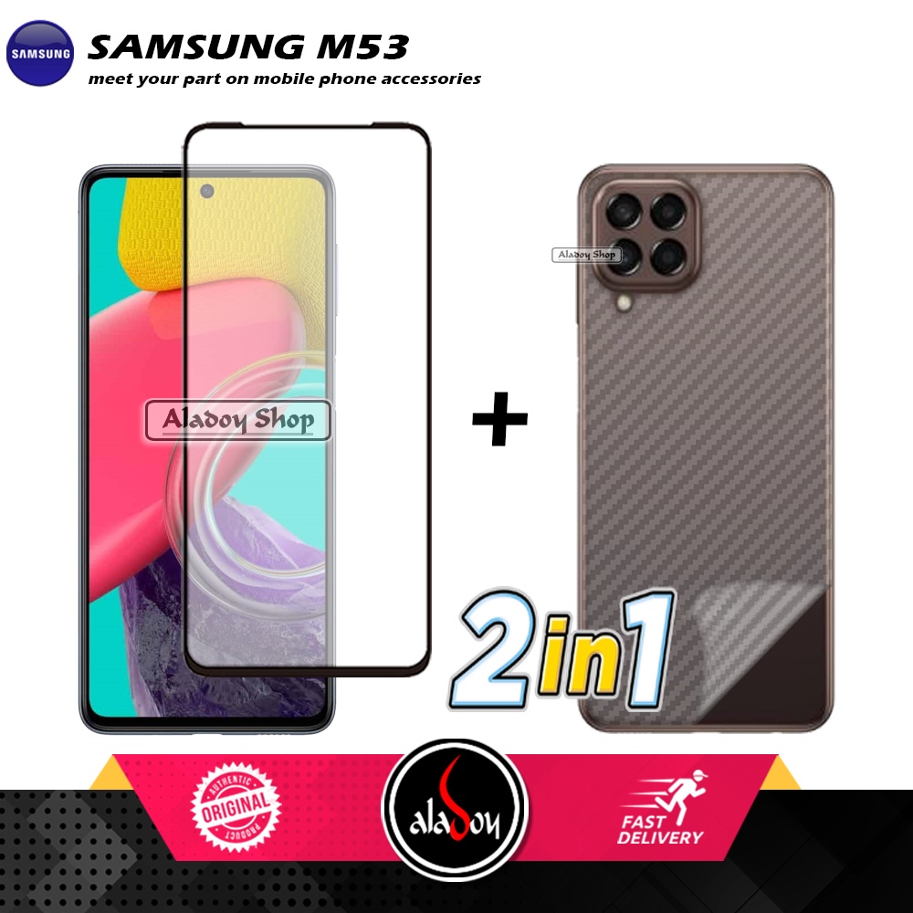 PAKET 2 IN 1 Tempered Glass Layar Samsung M53 2022 + Skin Carbon Film 3D