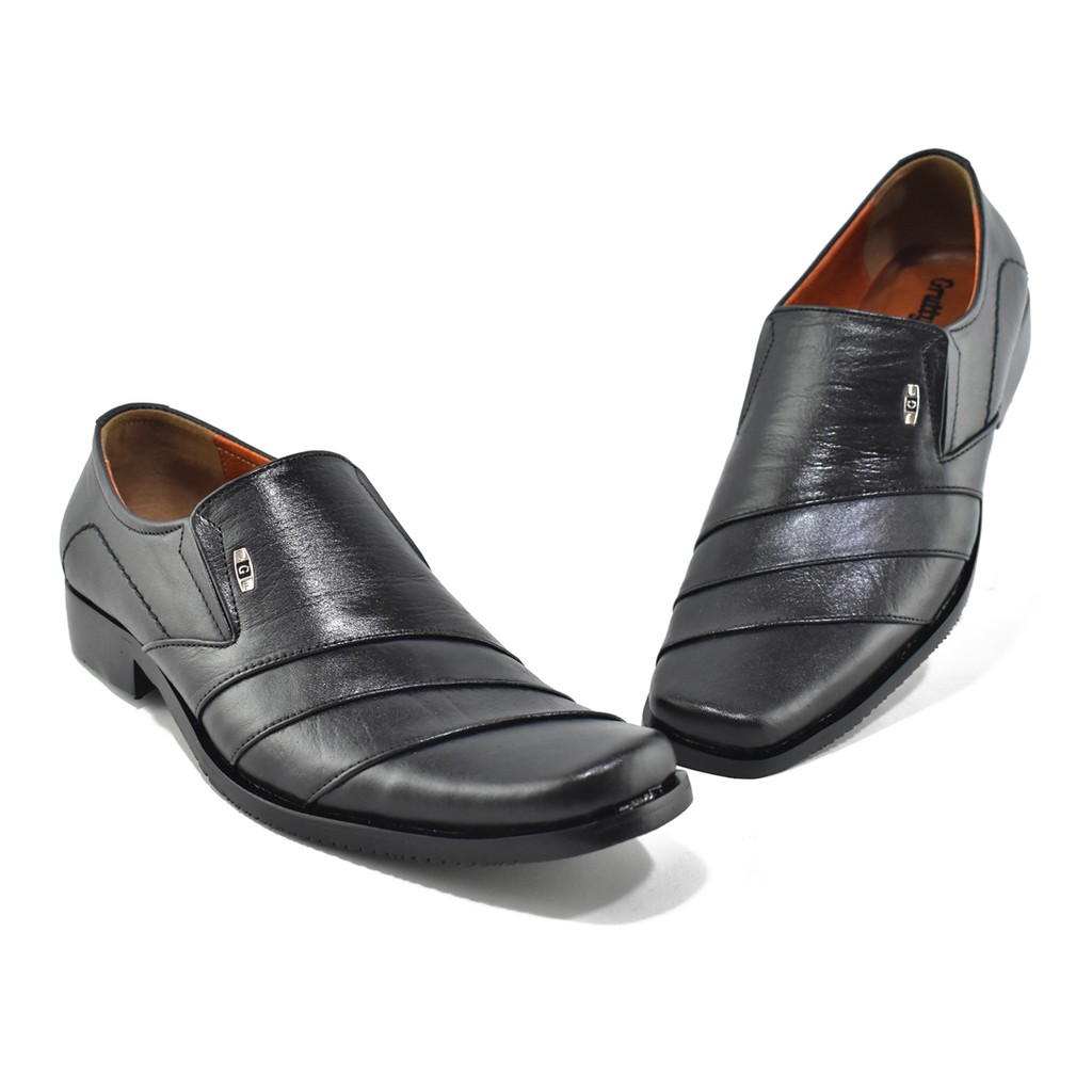 Sepatu Pria Pantofel Formal Sepatu Kerja Kulit Asli Berkualitas Model Slip On Grutty DC006 Hitam