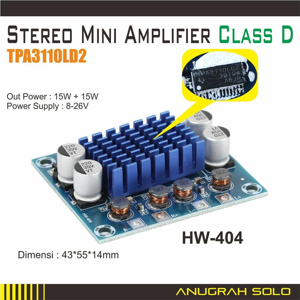 Stereo Mini Amplifier TPA3110 2x15W Class D Amplifier Heatsink Biru