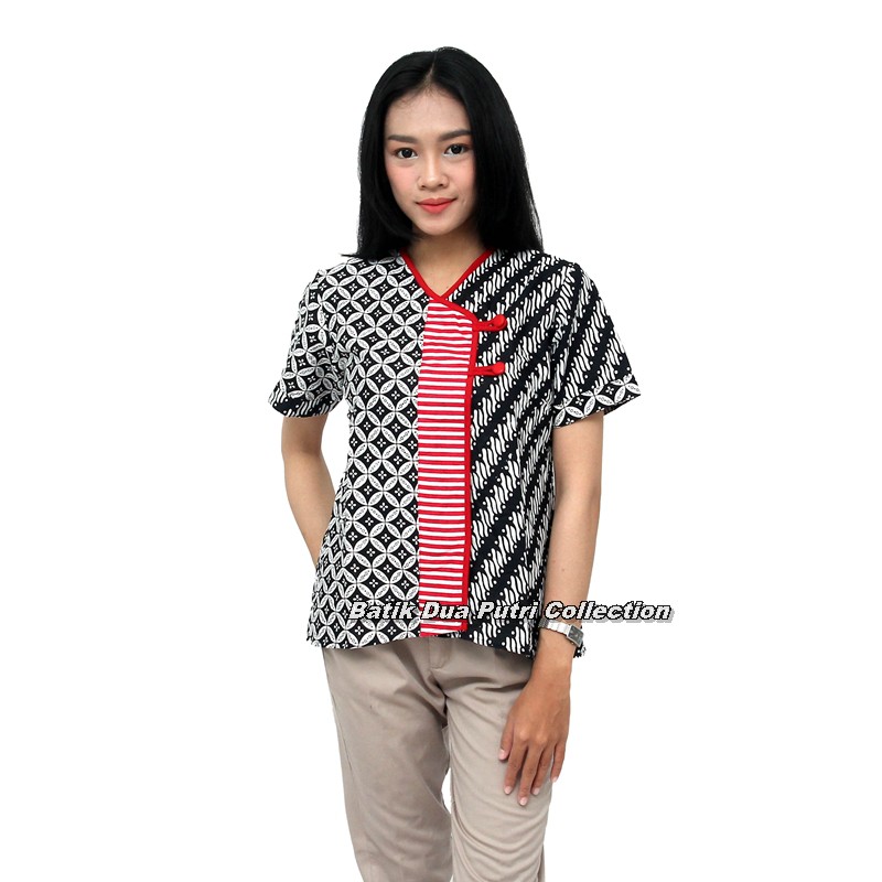 Batik Wanita Atasan Blouse Modern white line blouse