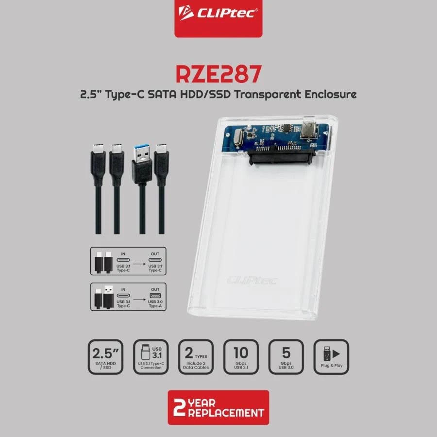 Case HDD/SSD 2.5 Inch SATA Type-C USB 3.0 Transparent CLIPtec RZE287