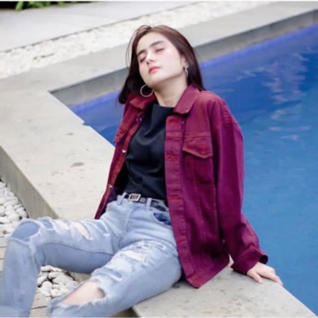 Jaket jeans oversize maroon big size jumbo