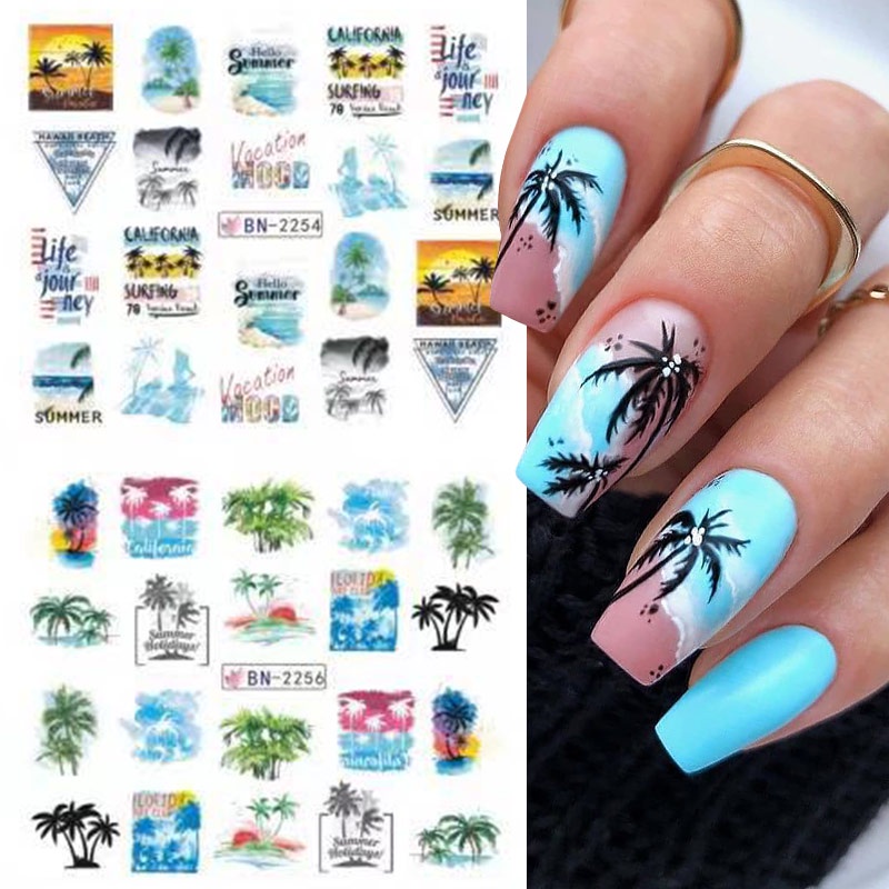 12pcs / Set Stiker Kuku Desain Pohon Palem Musim Panas Untuk Dekorasi Nail Art DIY