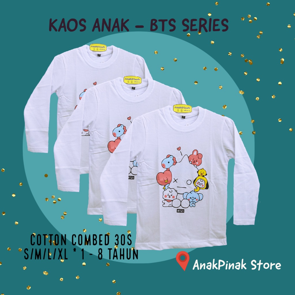 Kaos Anak BTS - BT21 harga grosir kualitas premium - Putih Lengan Panjang - BTS Army