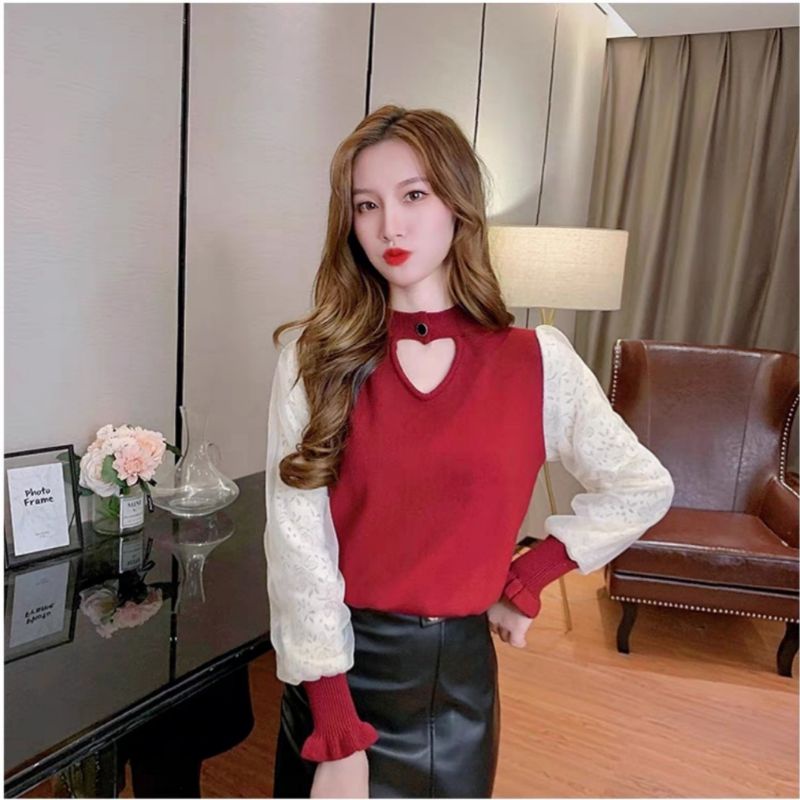 MDLV ~ 1007# Richerda Knitted Top Atasan Rajut Love Lengan Panjang Fashion Import