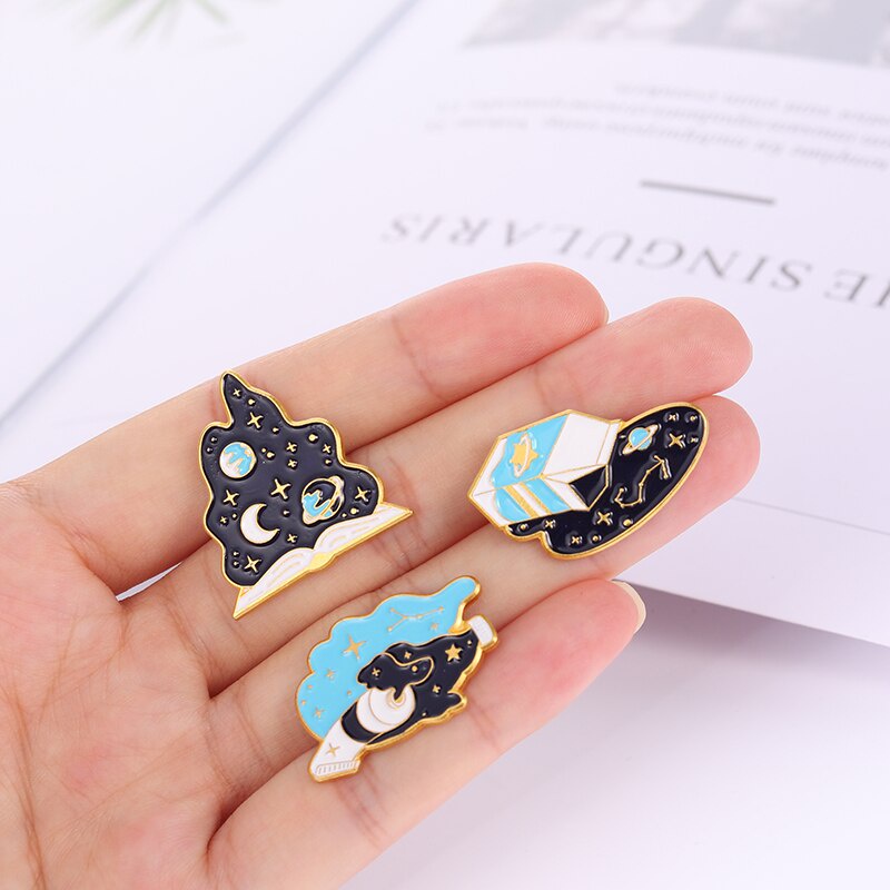 Dark Interstellar Galaxy Stars Moon Enamel Pins Universe Brooch Lapel Badge Bag Cartoon Jewelry Gift for Kids Friends