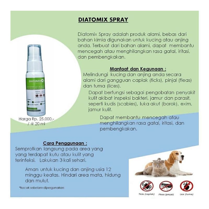 Diatomix SPRAY 20mL Pembasmi Kutu, Penyakit Kulit Bakteri, Jamur dan Parasit Hewan Original