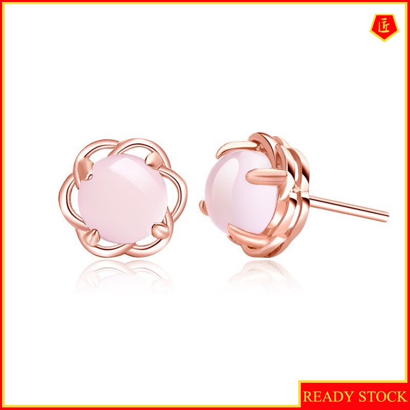 [Ready Stock]Graceful 18K Rose Gold Pink Crystal Ross Quartz Stud Earrings