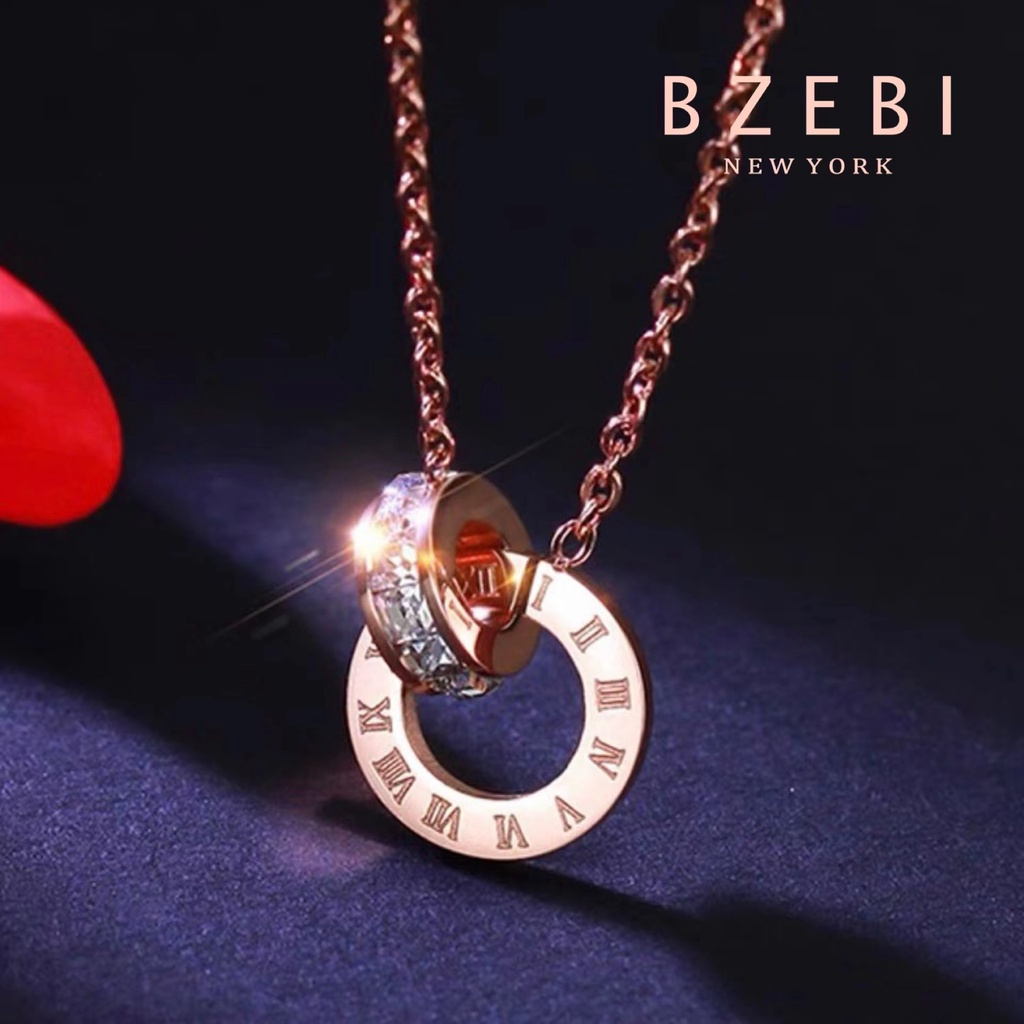 Bzebi Kalung Rantai Titanium Steel Rose Gold 18k Liontin Angka Romawi 961n Hias Berlian Untuk Wanita