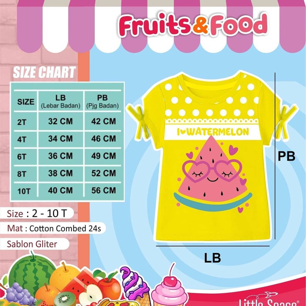 KAOS ANAK PEREMPUAN FRUITS &amp; FOOD 2-10 TAHUN