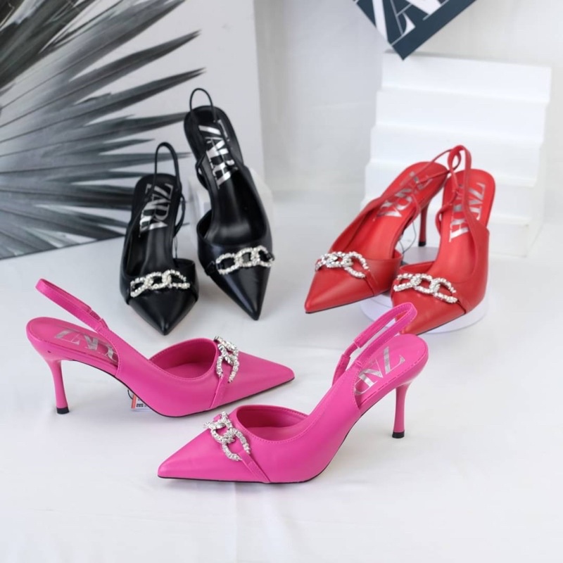 Sepatu Kulit Hak Tinggi Wanita ZR Leather Diamond Chain Slingback Mules High Heels 8cm Premium Impor