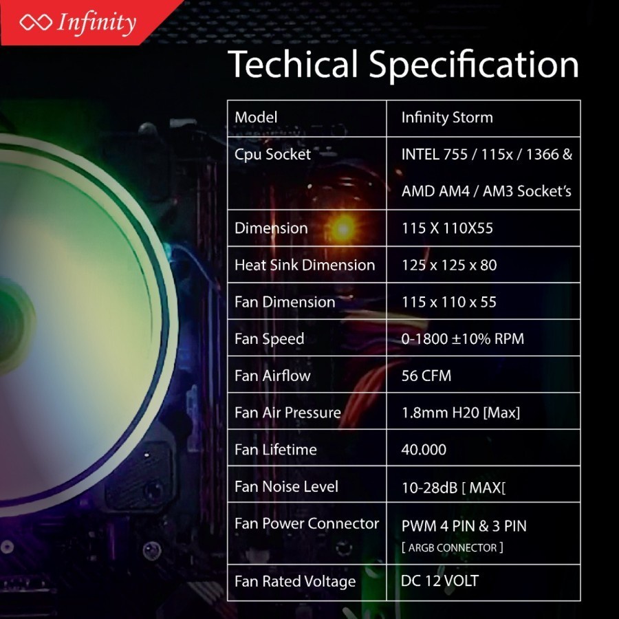 CPU COOLER INFINITY STORM aRGB 4 HEAT PIPE 12cm FAN FOR INTEL AMD HSF
