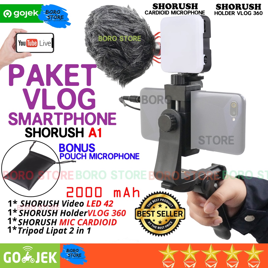 PAKET VLOG Smartphone A1 Mikrofon SHORUSH Cardioid Mic Tripod Holder Live Streaming HP LED Lighting
