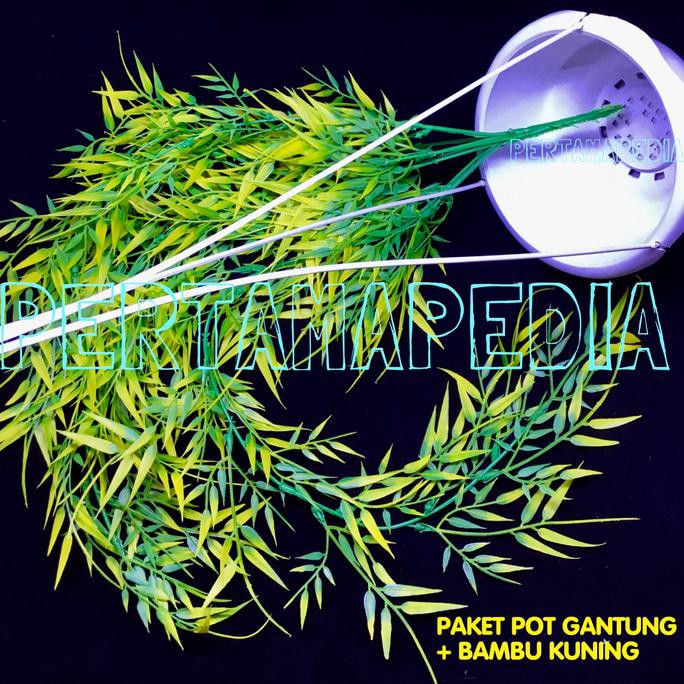 Jual - Paket Pot Gantung Daun Bunga Artificial / Daun Bambu Kuning Plastik