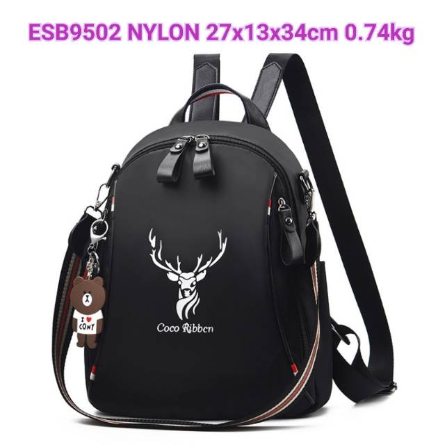 ESB9502 Tas Batam Import Ransel Wanita Multifungsi Nylon Rusa Deer Brown Bear Line Strap