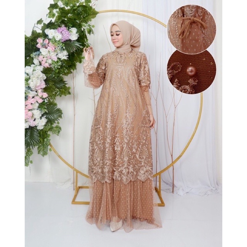 /COD)Gamis/Gamis Bahan Tulle Tebal Premium Kombinasi Tulle Dotty / Gamis Amanda Pesta Modern / Gamis