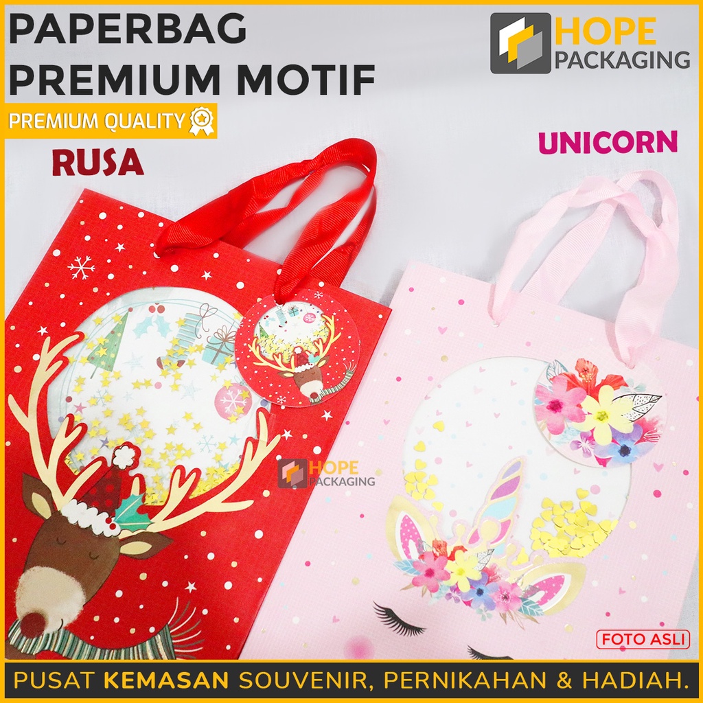 Paper Bag Premium Motif Unicorn / Rusa ukuran 23 x 18 x 10 cm cocok  Lebaran / idul fitri  / Hampers Tahun Baru