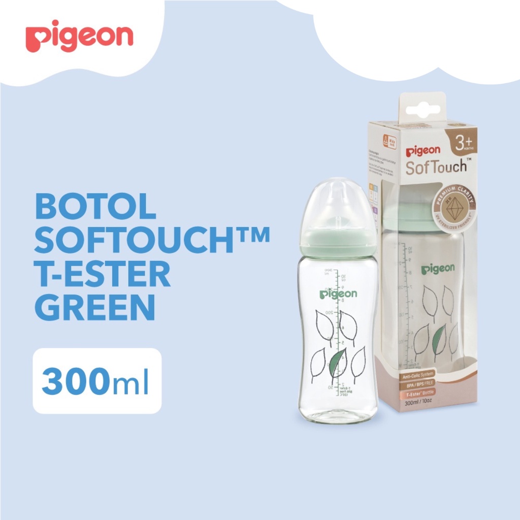 Pigeon SofTouch Peristaltic Plus PP Wide Neck Bottle T-Ester Light Green 3m+ Bulan Botol Susu 300ml