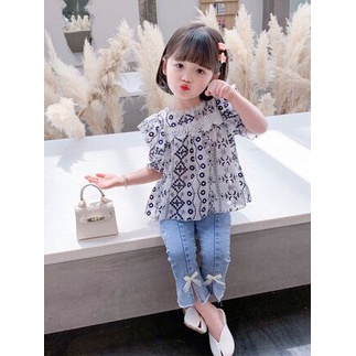 (LOLI-JKT) BS-236 SET ANAK CEWEK CLASSICAL LACE EMBROIDERED TOP + SPLIT DENIM SIZE 100-140