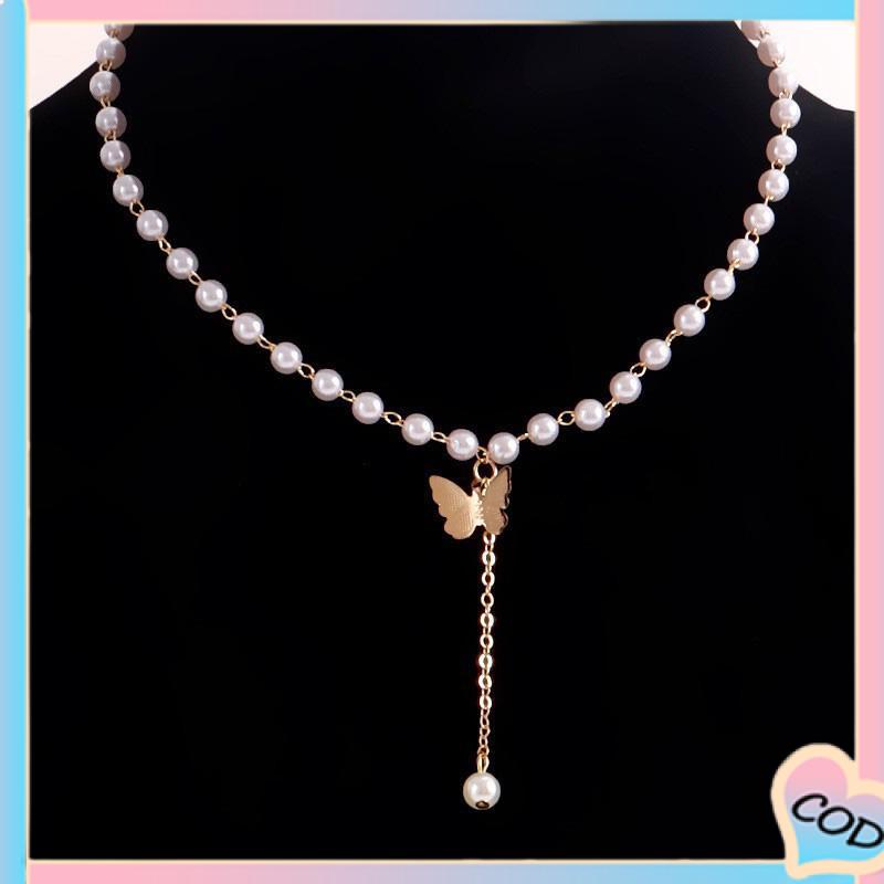 COD❤️ Retro Butterfly Pearl Kalung Lembut Gadis Kecil Cinta Liontin Kalung Rantai Klavikula-A.one