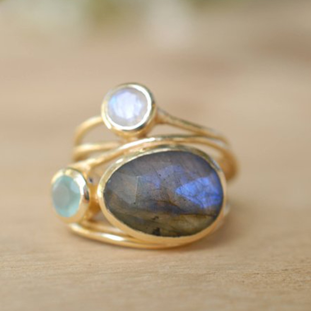 Hu Hu Hu Hu Hu Alat Bantu Pasang Kacamata♡ Cincin Multilayer Aksen Batu Moonstone Imitasi Gaya Vintage Untuk Wanita