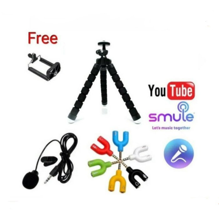 Paket Youtuber Lengkap 5 Tripod Spider Mic Clip On Aux