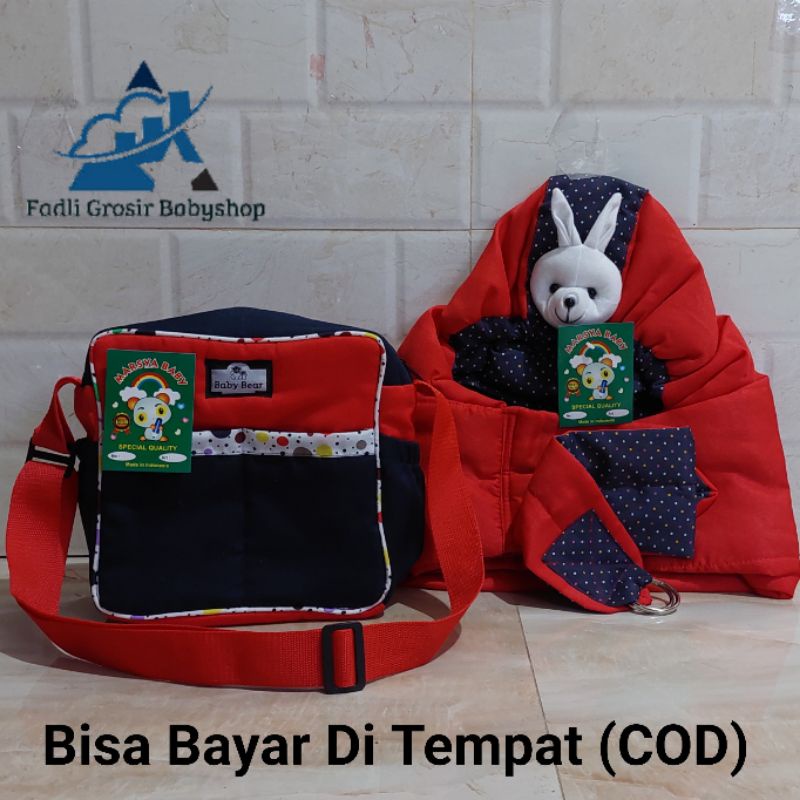 Paket Hemat (2 in 1) Tas Bayi Polka Dan Gendongan Bayi Samping Topi kerut Boneka Kelinci