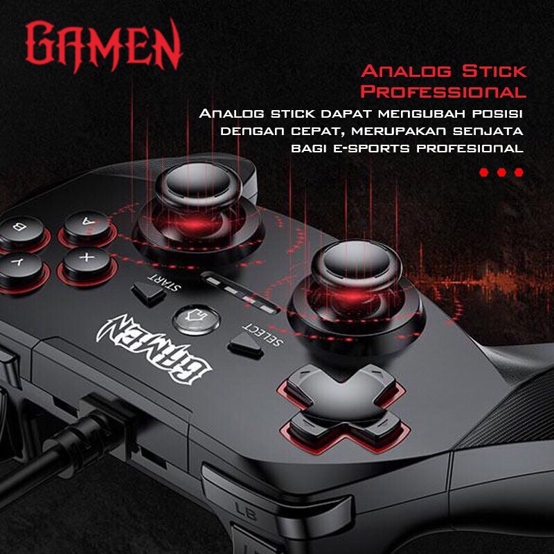 GAMEN GP100 Universal Wired Gaming Controller Gamepad with Dual Vibration Motors Black-Garansi 1 Th