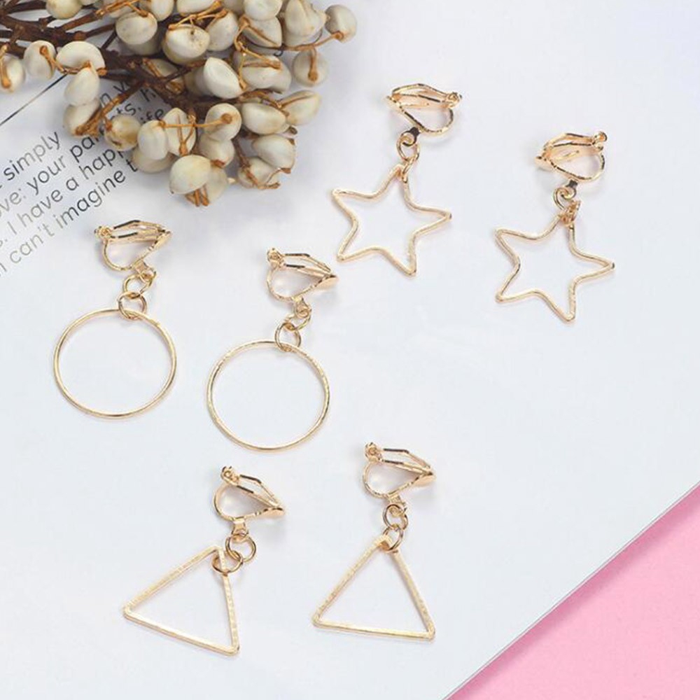 Anting Klip Bentuk Bulat Bintang Segitiga Geometris Bahan Logam Lapis Emas Perak Untuk Wanita