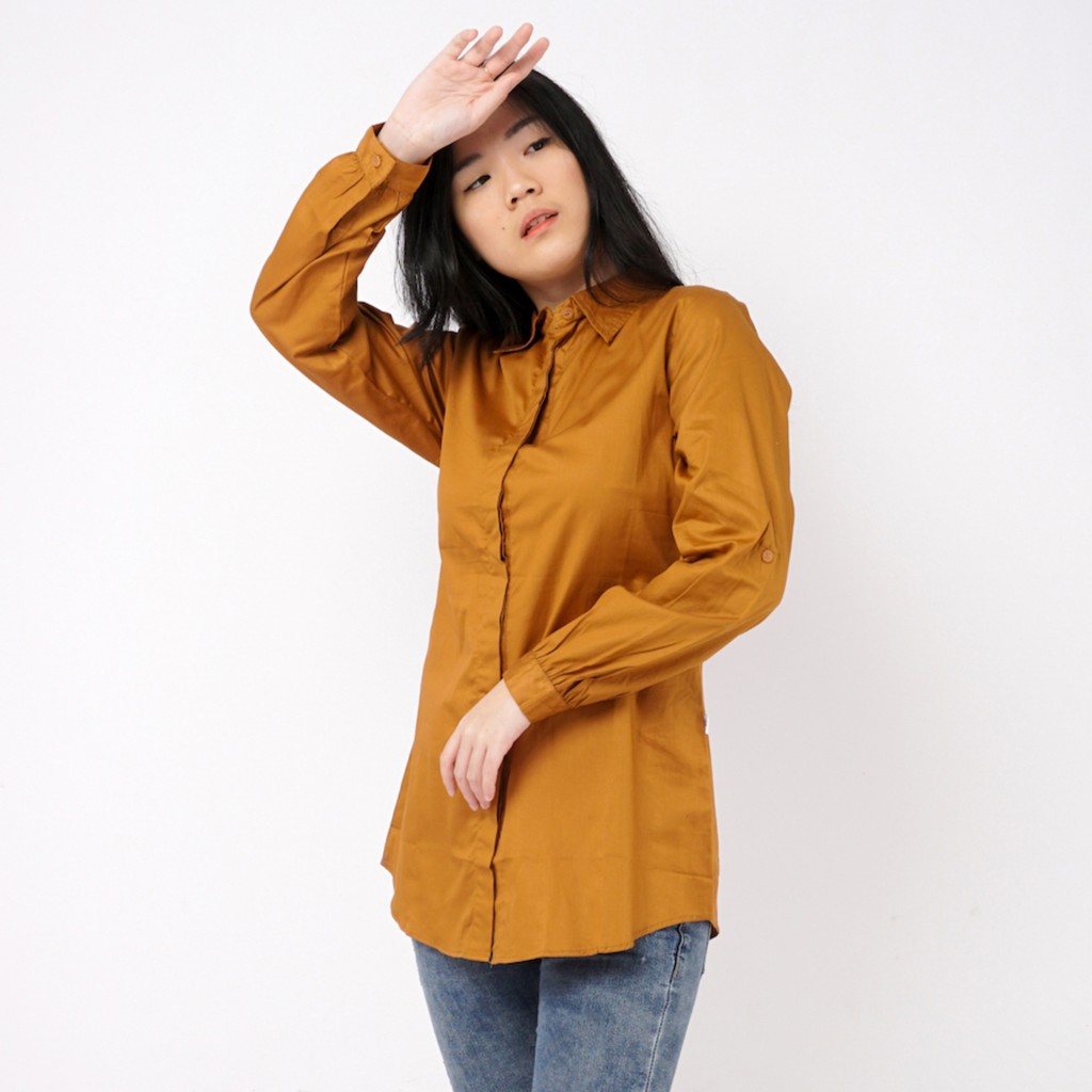 Kemeja Wanita Polos Lengan Panjang Slimfit - Kuning Kunyit - Aura Catalogue Slimfit Plain Shirt-1