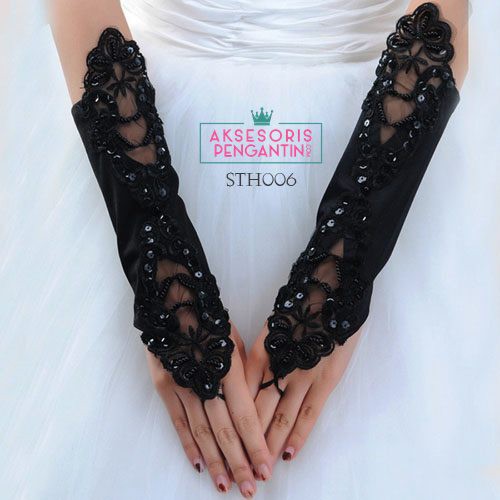 [PRODUK TERLARIS] SARUNG TANGAN PENGANTIN HITAM FINGERLESS AKSESORIS WEDDING STH006