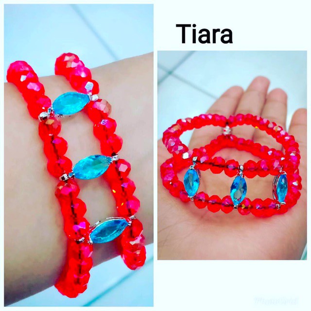 Gelang kristal merah dobel variasi permata markis biru