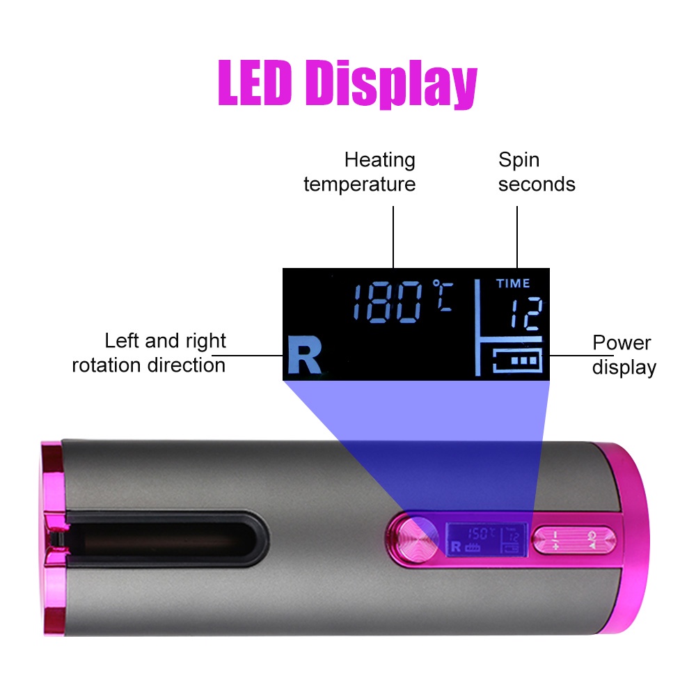 SaLorie USB Automatic Curler Rechargeable Cordless LED Display Ceramic Rotating Adjustable Temperature Curler 5200mHA D00240